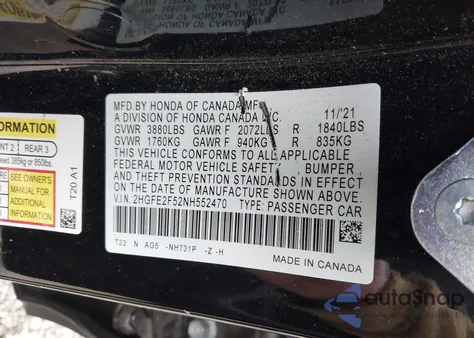 2022 Honda Civic Sport из США, поврежденный, VIN 2HGFE2F52NH552470